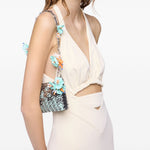 BORSA A SPALLA Nano bicolor 1969 con fiori in argento Rabanne - donna 