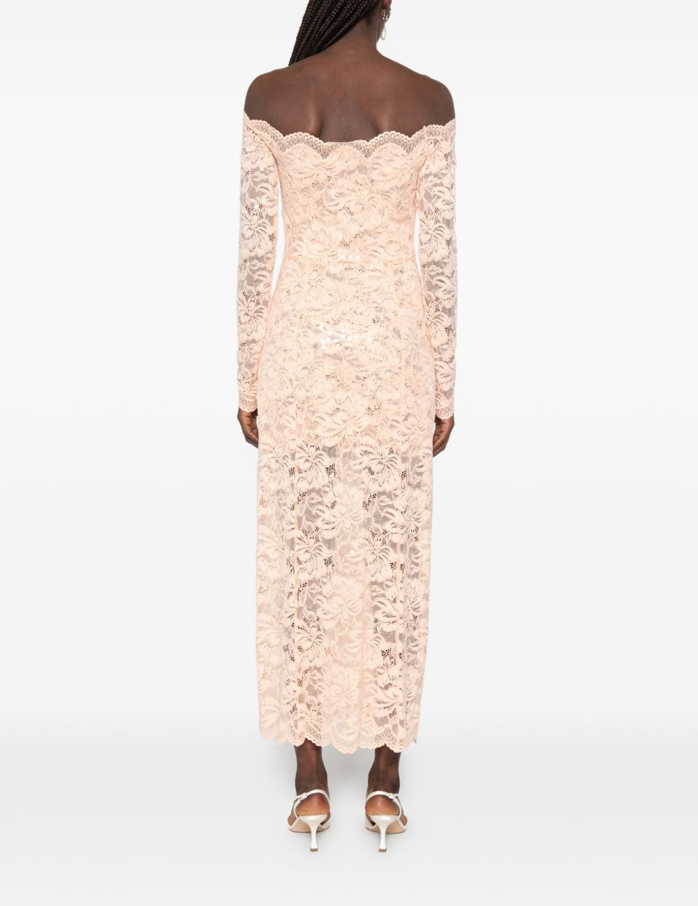 Abito midi a maniche lunghe in pizzo floreale in rosa Rabanne - donna 