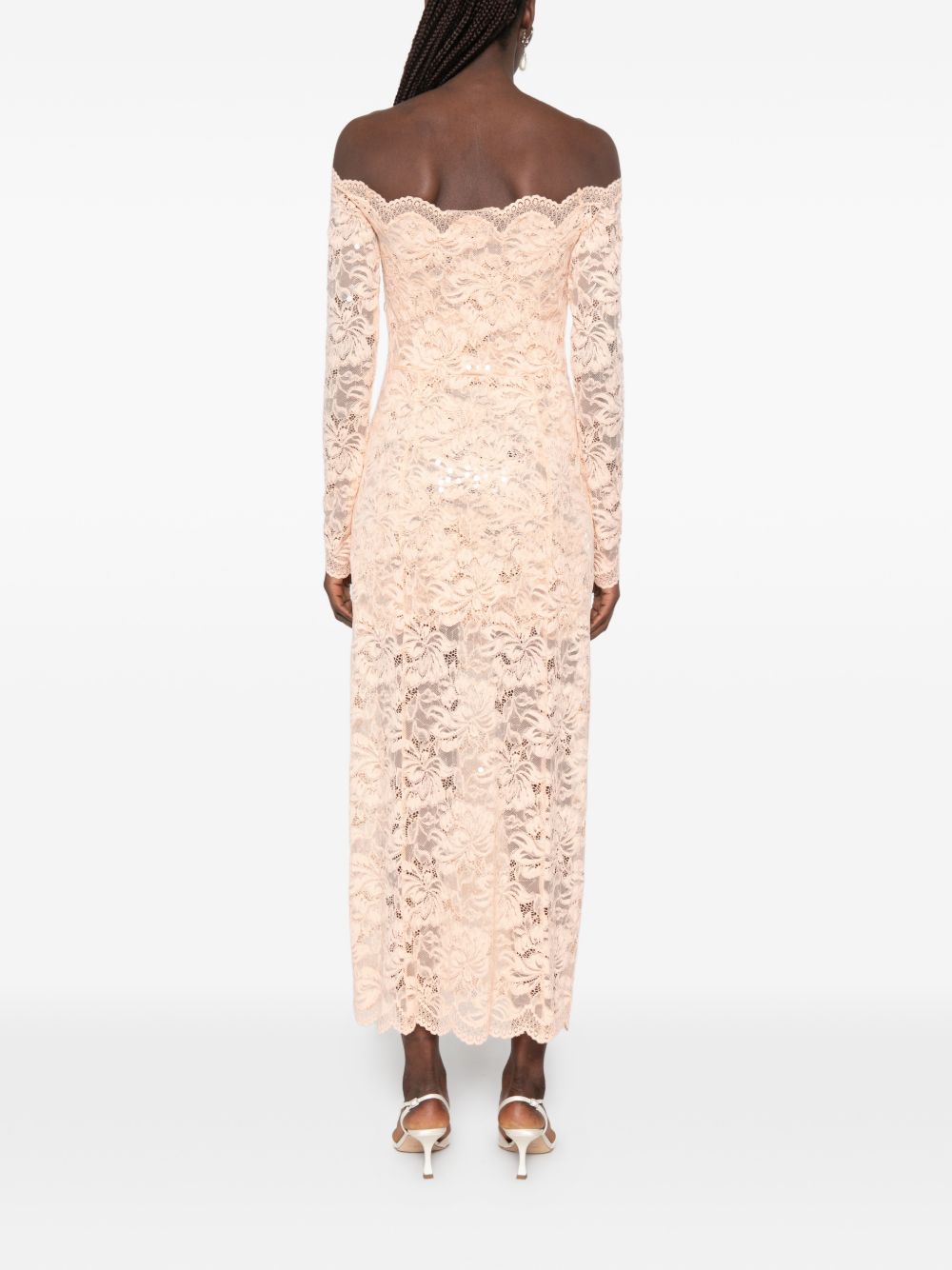 Abito midi a maniche lunghe in pizzo floreale in rosa Rabanne - donna 