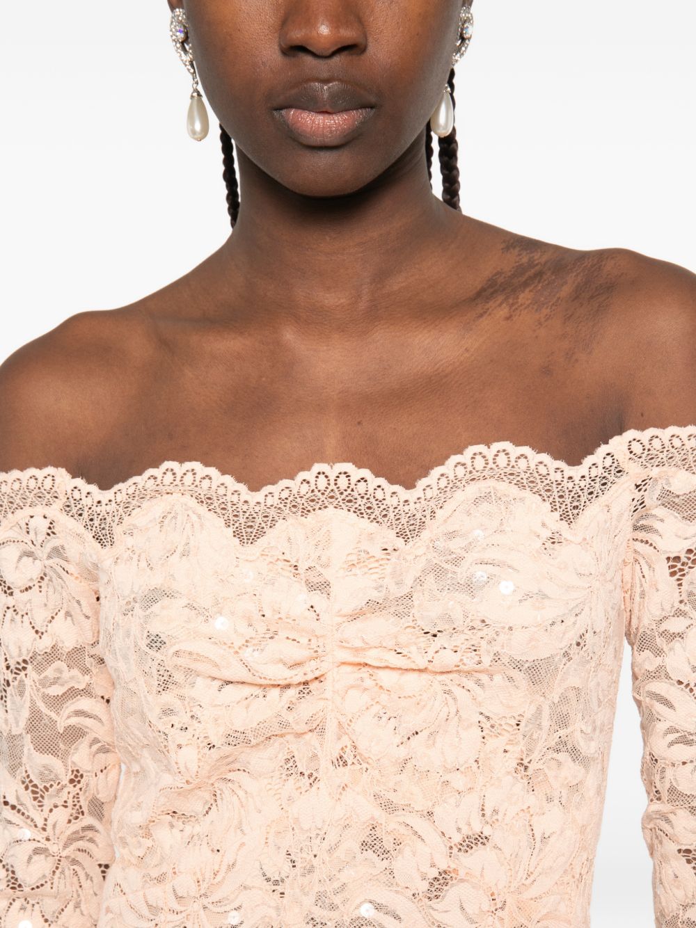 Abito midi a maniche lunghe in pizzo floreale in rosa Rabanne - donna 
