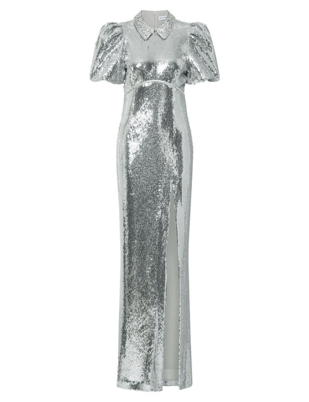 Abito lungo Olympia con maniche corte con paillettes in argento Rebecca vallance - donna 