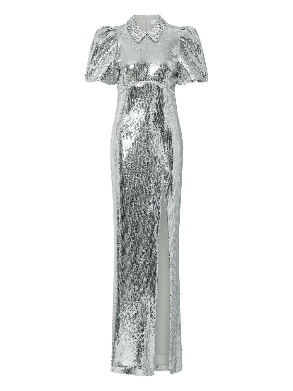 Abito lungo Olympia con maniche corte con paillettes in argento Rebecca vallance - donna 