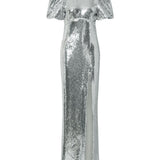 Abito lungo Olympia con maniche corte con paillettes in argento Rebecca vallance - donna 