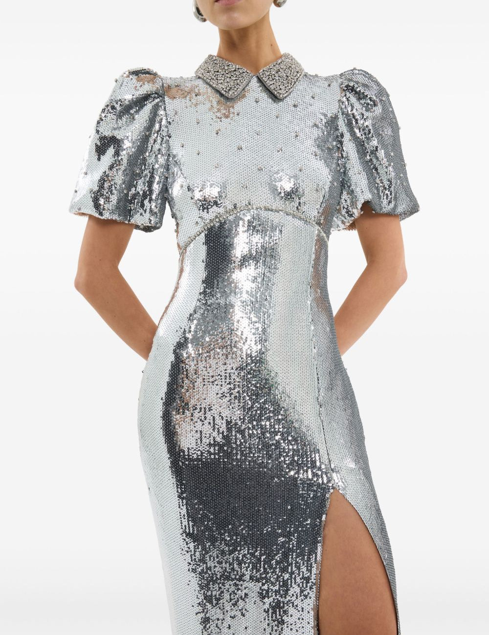 Abito lungo Olympia con maniche corte con paillettes in argento Rebecca vallance - donna 