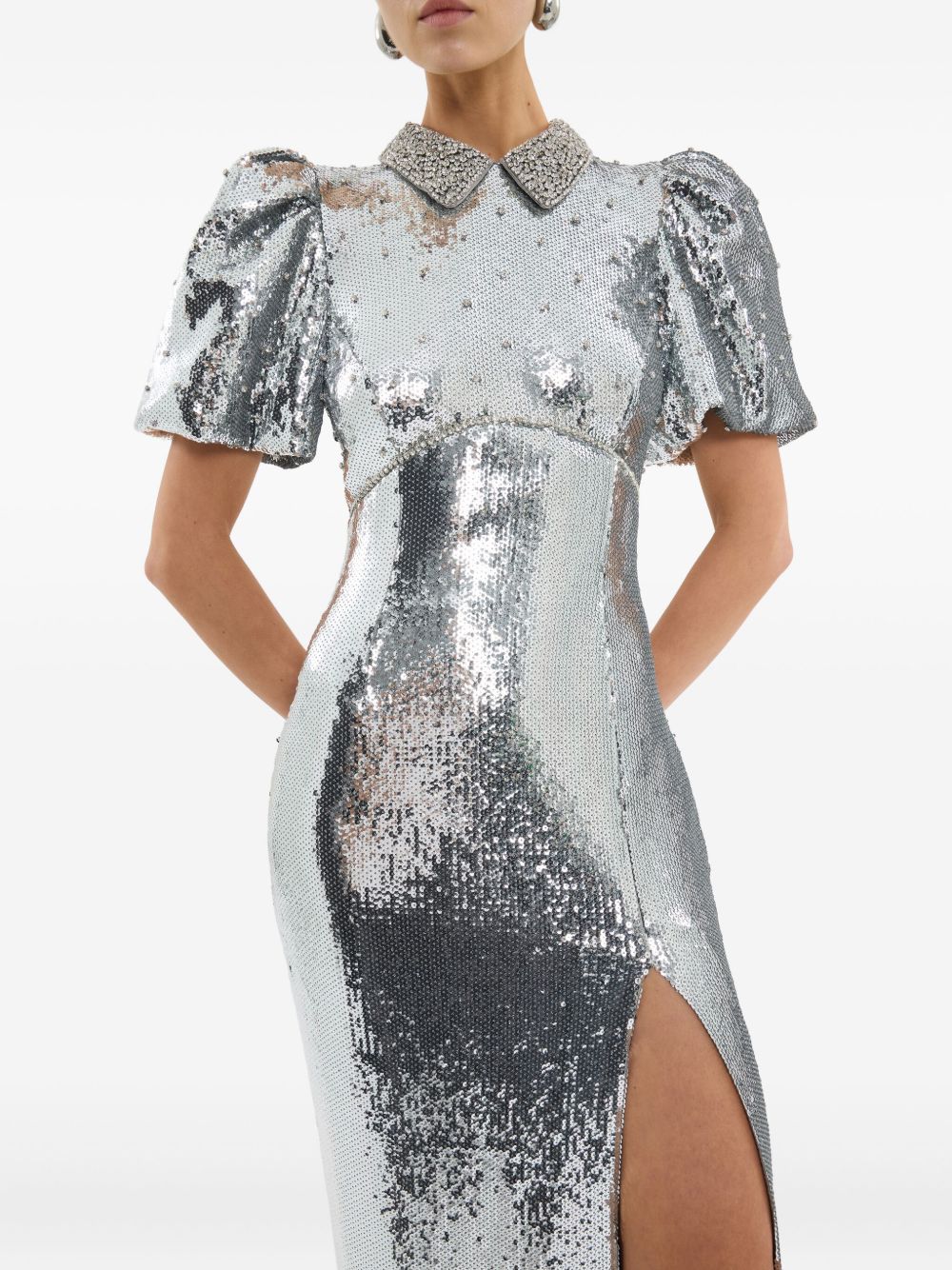 Abito lungo Olympia con maniche corte con paillettes in argento Rebecca vallance - donna 