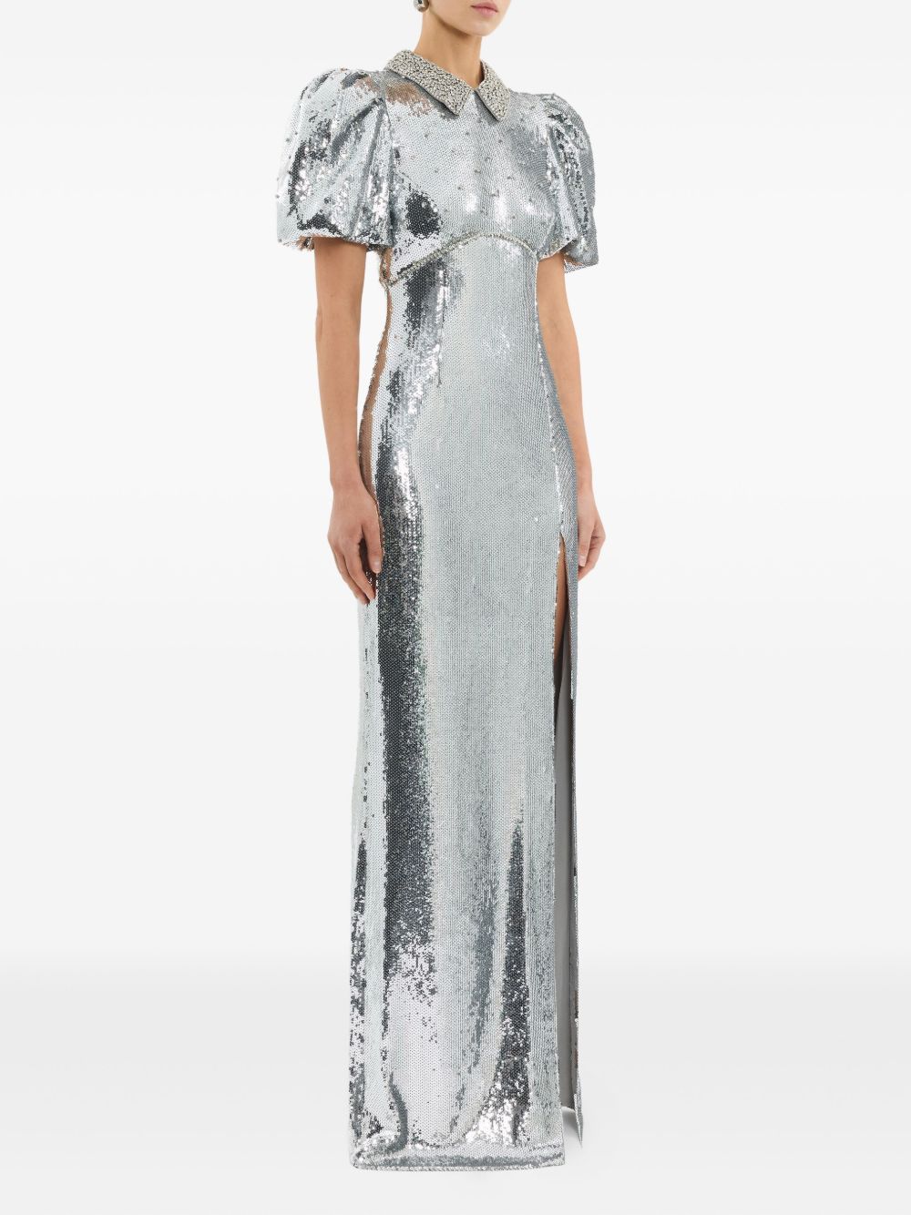 Abito lungo Olympia con maniche corte con paillettes in argento Rebecca vallance - donna 