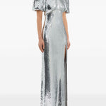 Abito lungo Olympia con maniche corte con paillettes in argento Rebecca vallance - donna 