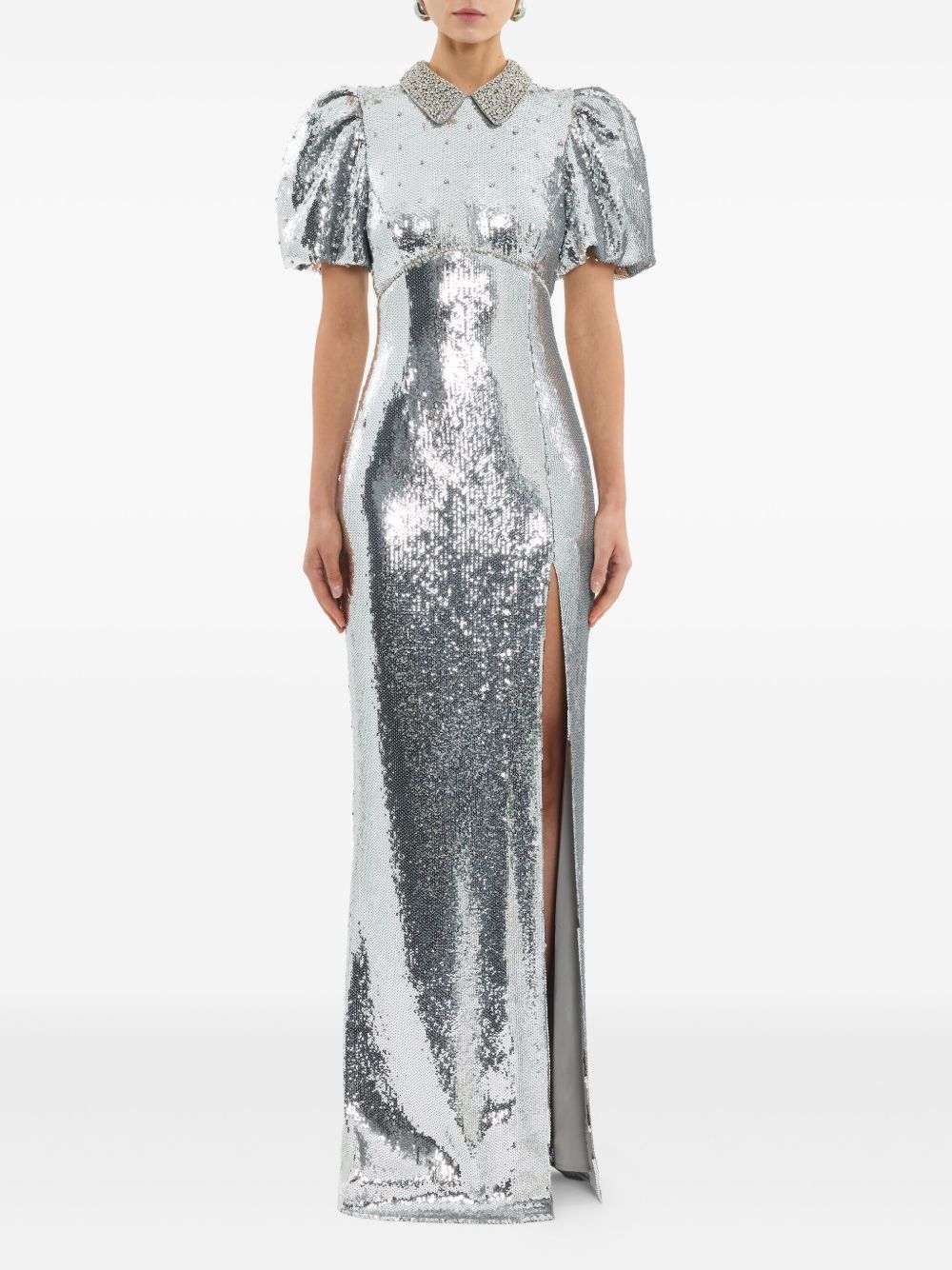 Abito lungo Olympia con maniche corte con paillettes in argento Rebecca vallance - donna 