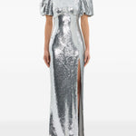 Abito lungo Olympia con maniche corte con paillettes in argento Rebecca vallance - donna 