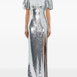 Abito lungo Olympia con maniche corte con paillettes in argento Rebecca vallance - donna 