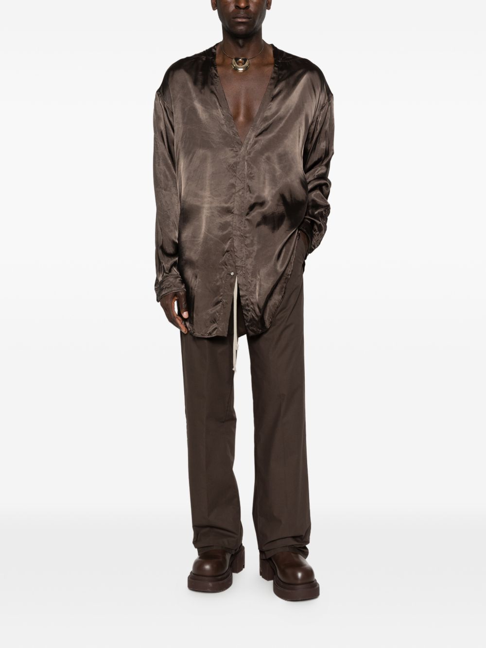 Camicia Concordian con scollo a V in marrone Rick owens - uomo 