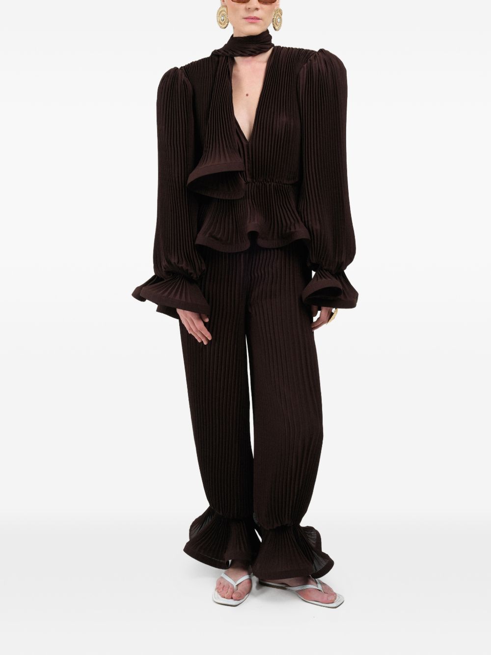 Pantaloni plissé con volant in marrone Rowen rose - donna 