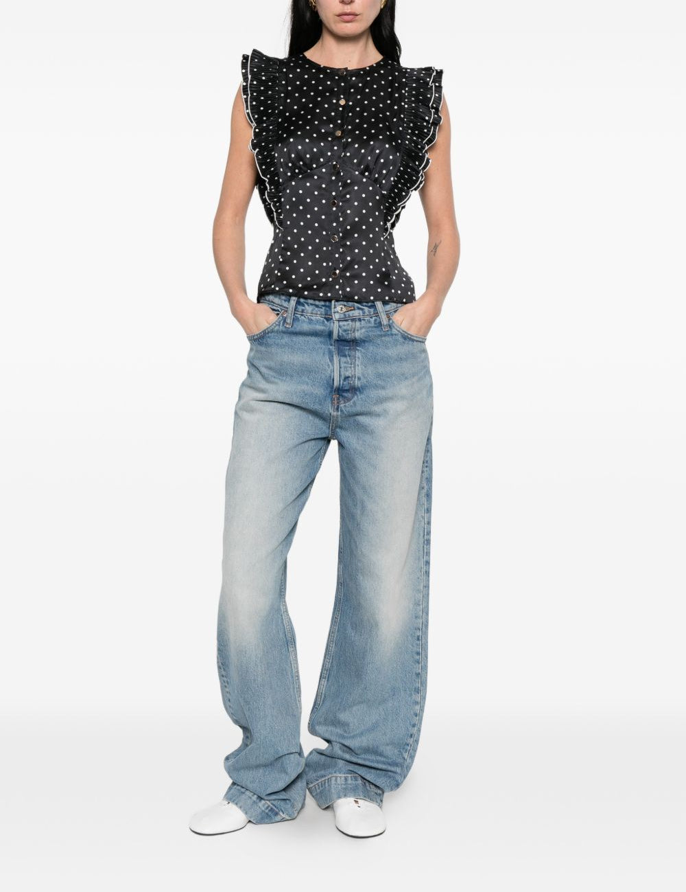 Top a pois con volant in nero Self-portrait - donna 