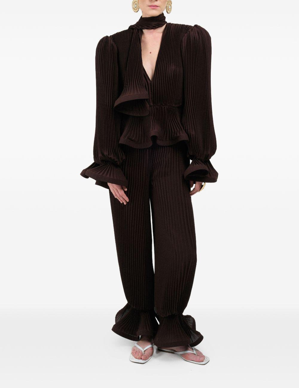 Pantaloni plissé con volant in marrone Rowen rose - donna 