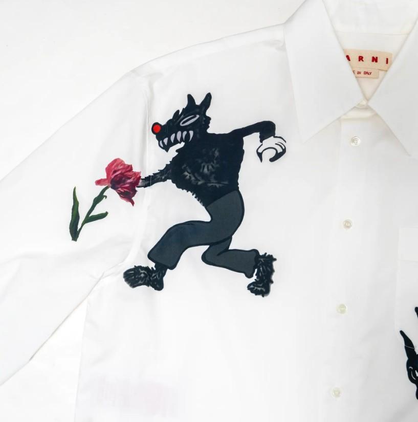 Camicia in popeline stampata wolfs & tulip in bianco Marni - uomo 