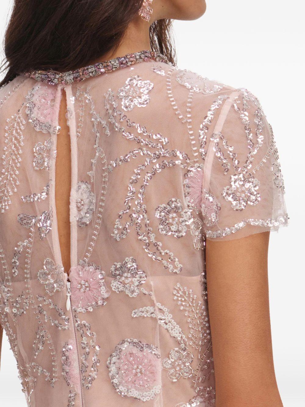 Abito midi con stampa floreale e decorazioni di paillettes in rosa 