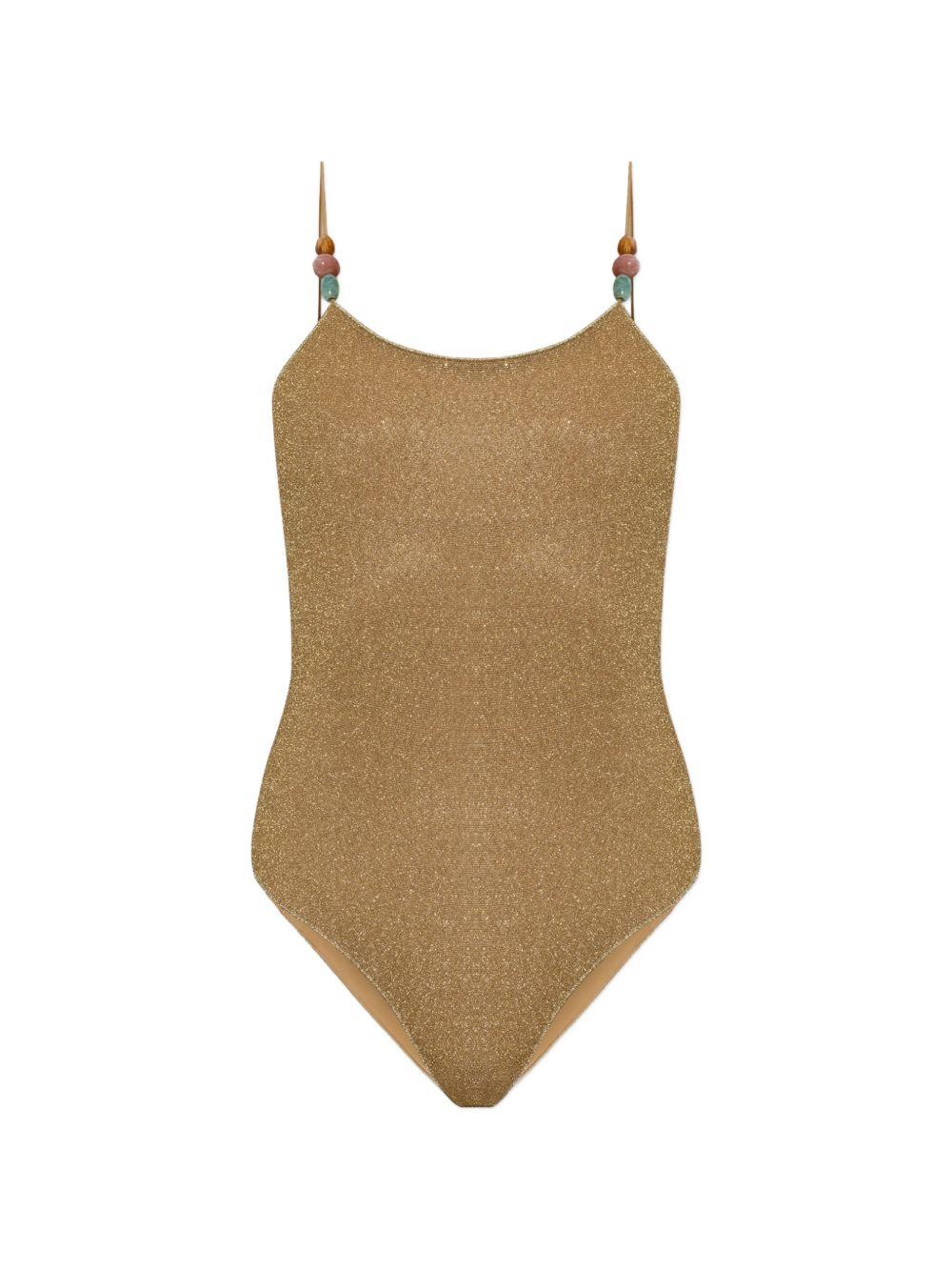 Costume da bagno metallizzato con perline color oro 