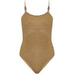 Costume da bagno metallizzato con perline color oro 