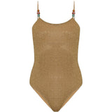 Costume da bagno metallizzato con perline color oro 