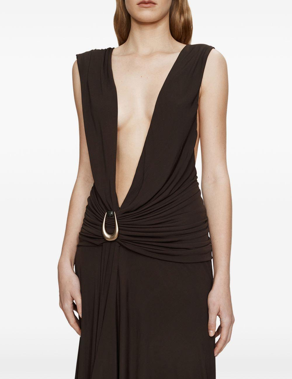 Abito lungo con drappeggio e spilla in marrone Christopher esber - donna 