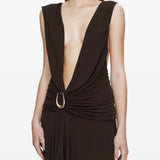 Abito lungo con drappeggio e spilla in marrone Christopher esber - donna 