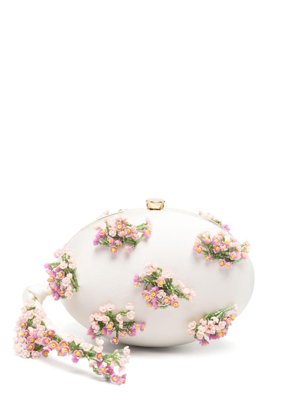 Clutch ovale con fiori in crema 