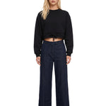 Felpa crop girocollo con coulisse nera 