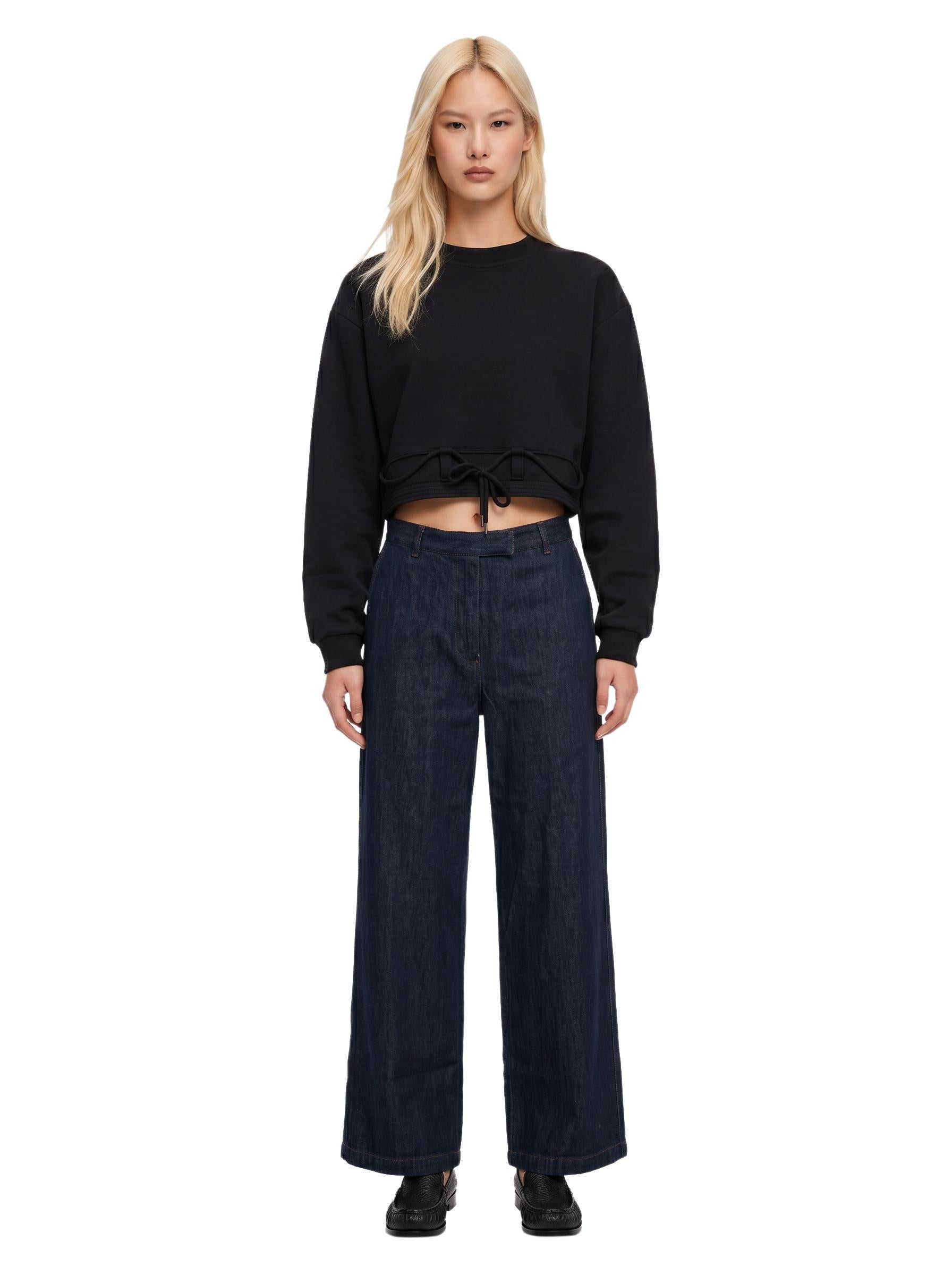 Felpa crop girocollo con coulisse nera 