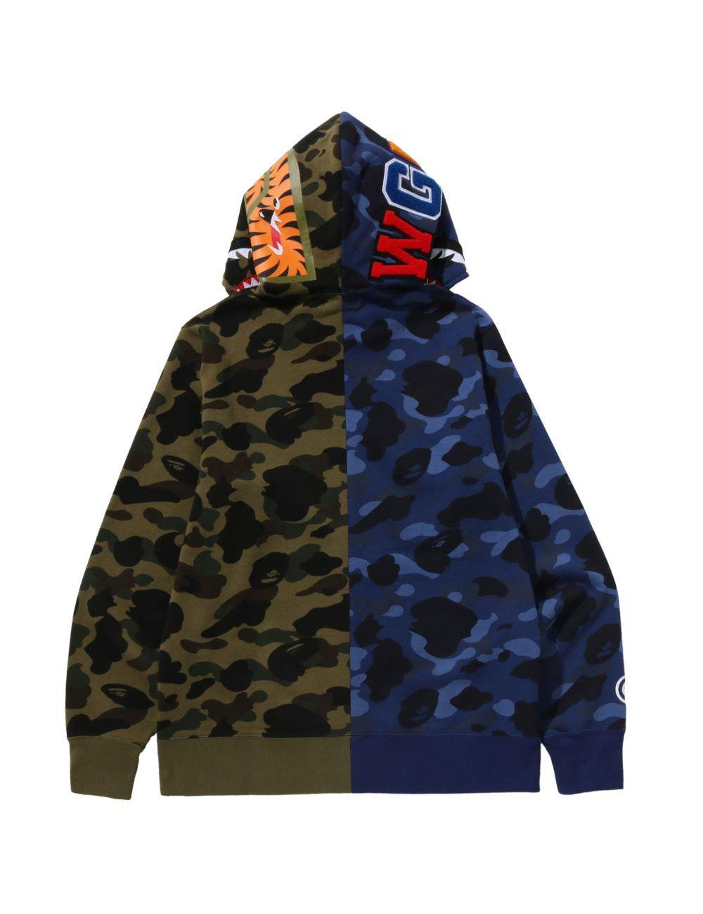 Felpa con zip intera e motivo mimetico a squalo in blu e verde A bathing ape - uomo 