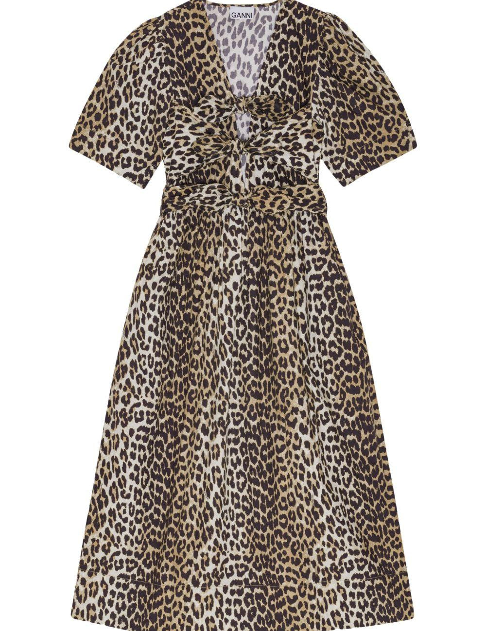 Abito midi con stampa leopardata in marrone Ganni - donna 