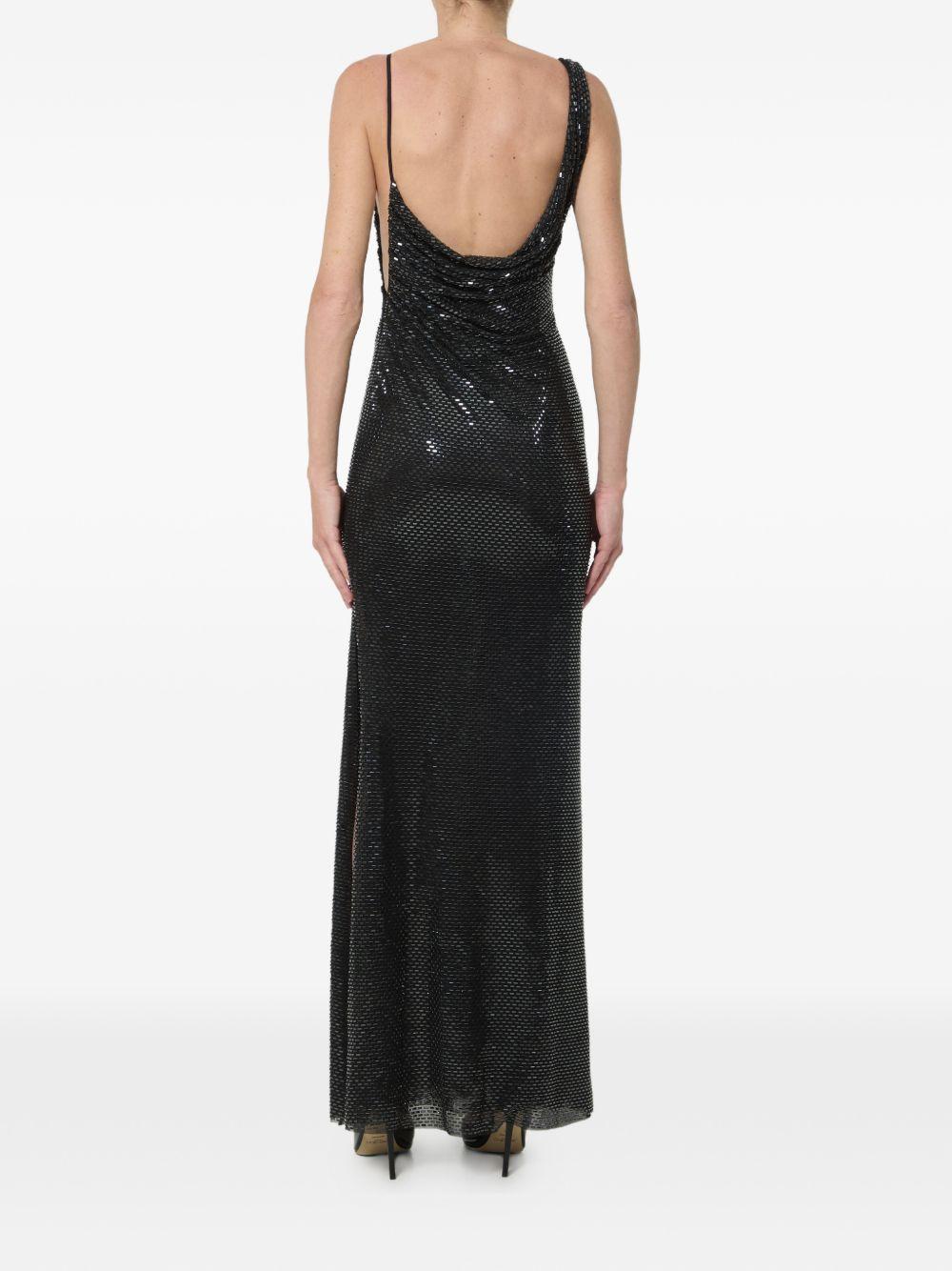 Abito lungo drappeggiato impreziosito da strass in nero 