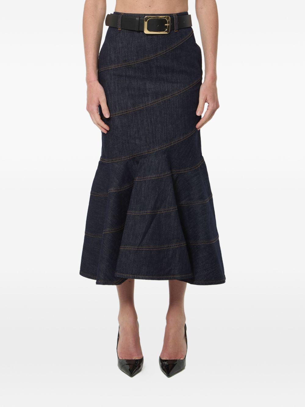 Gonna midi in denim con cintura in blu 
