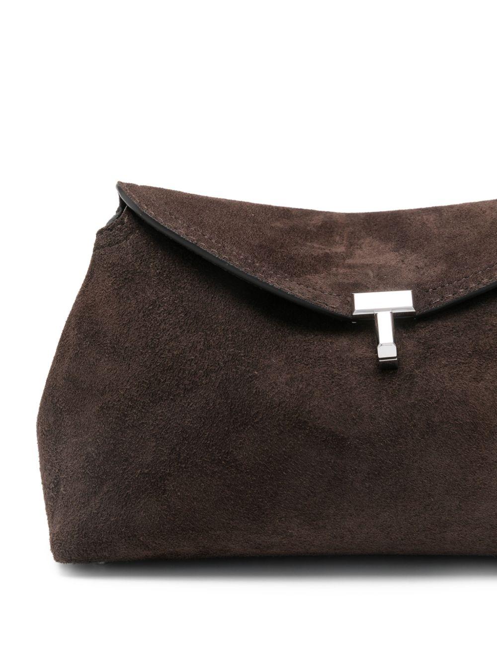 Clutch in suede con chiusura a T in marrone 