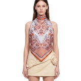Top in seta stampa floreale blu 