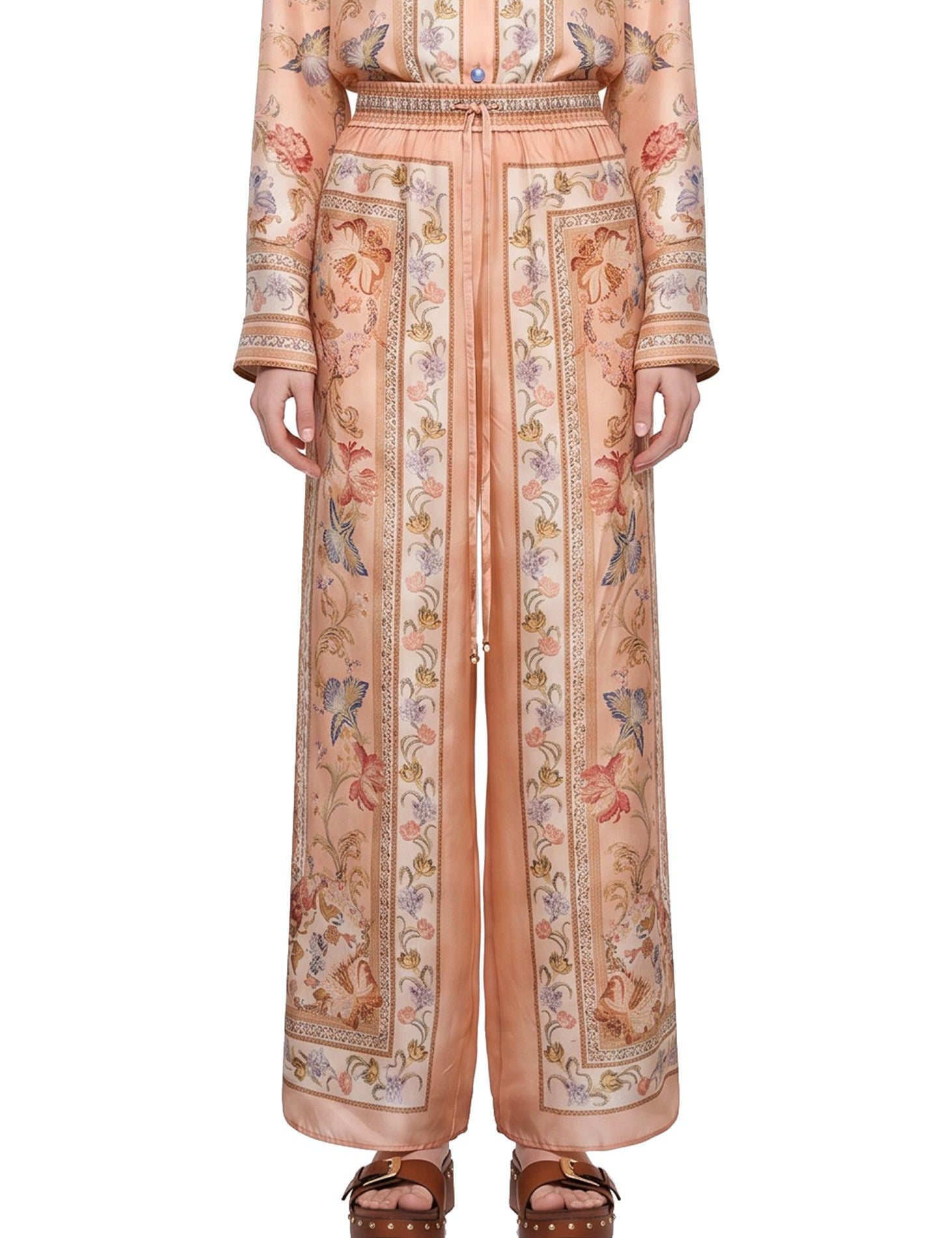 Pantaloni Roselight in seta floreale rosa 