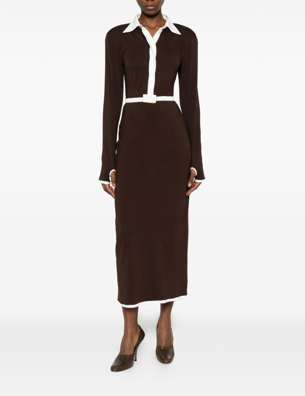 Abito midi con colletto polo in marrone e bianco Rowen Rose - donna 
