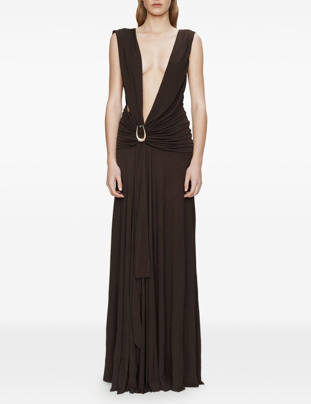 Abito lungo con drappeggio e spilla in marrone Christopher esber - donna 