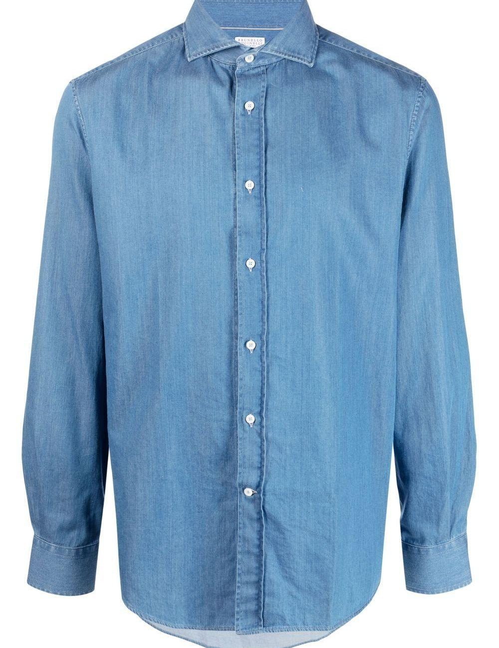 Camicia con colletto classico in denim blu brunello cucinelli - uomo 