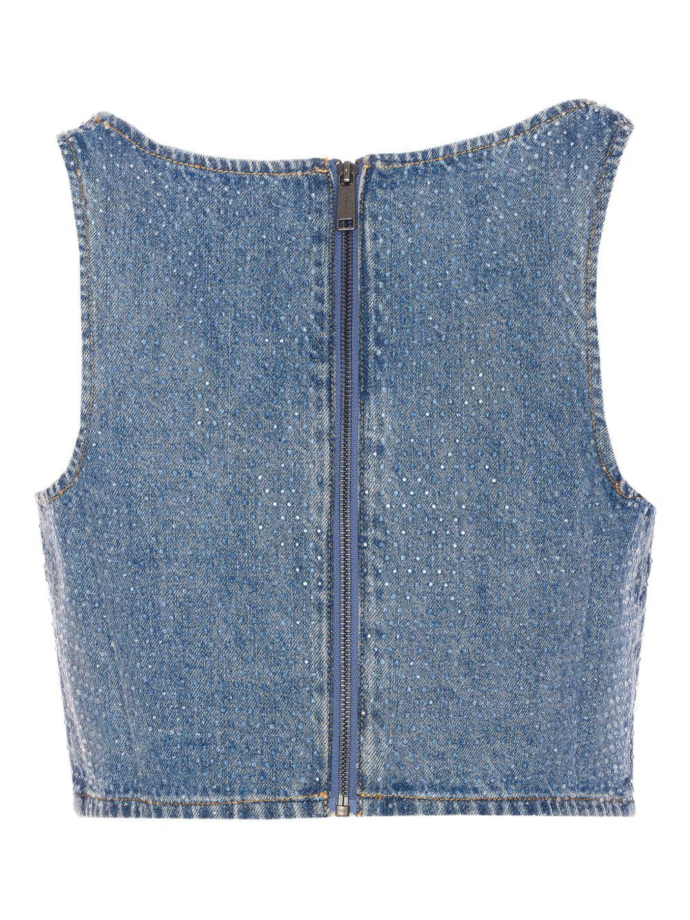 Top crop in denim con cristalli in blu Self-portrait - donna 