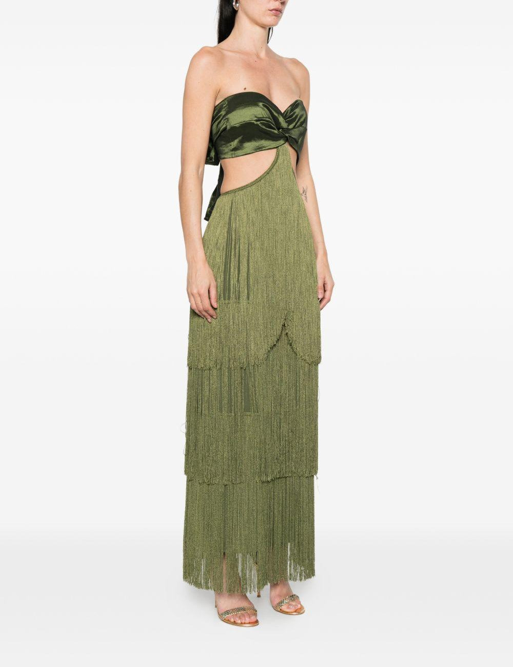 Abito lungo con frange in verde Bless - donna 