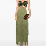 Abito lungo con frange in verde Bless - donna 