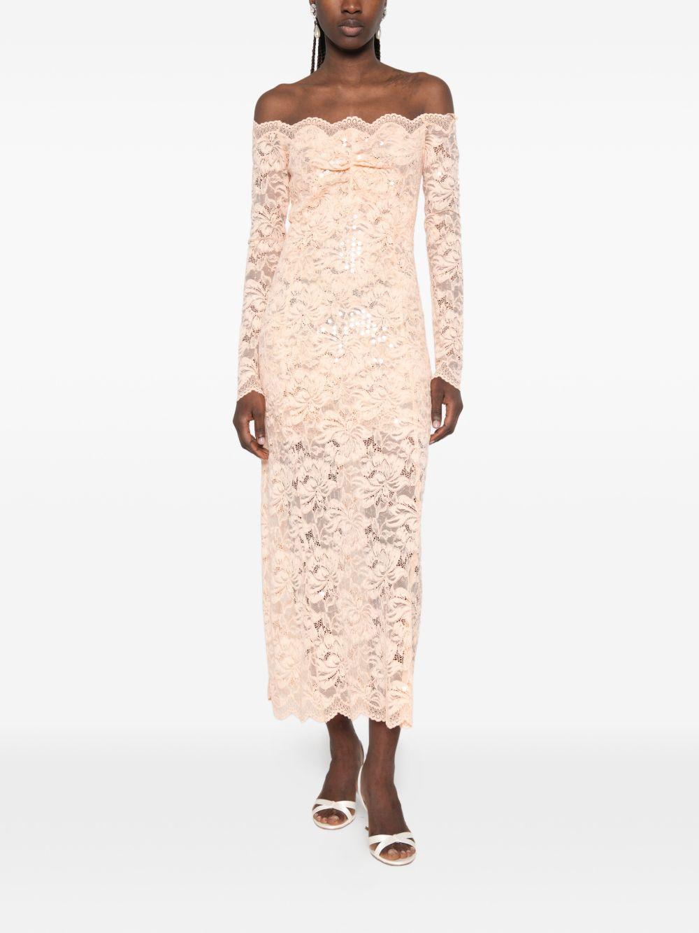 Abito midi a maniche lunghe in pizzo floreale in rosa Rabanne - donna 