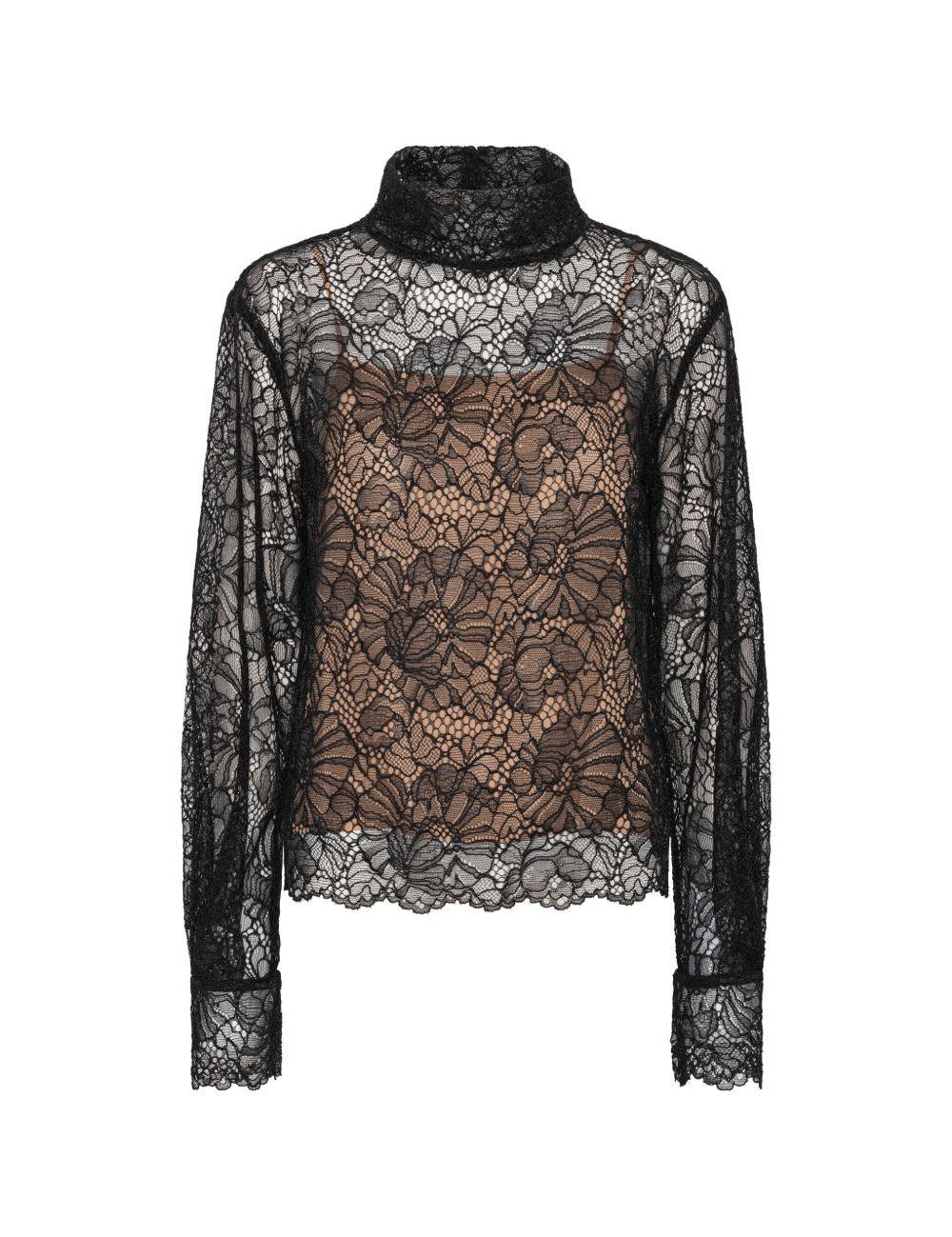 Blusa a collo alto in pizzo in nero 