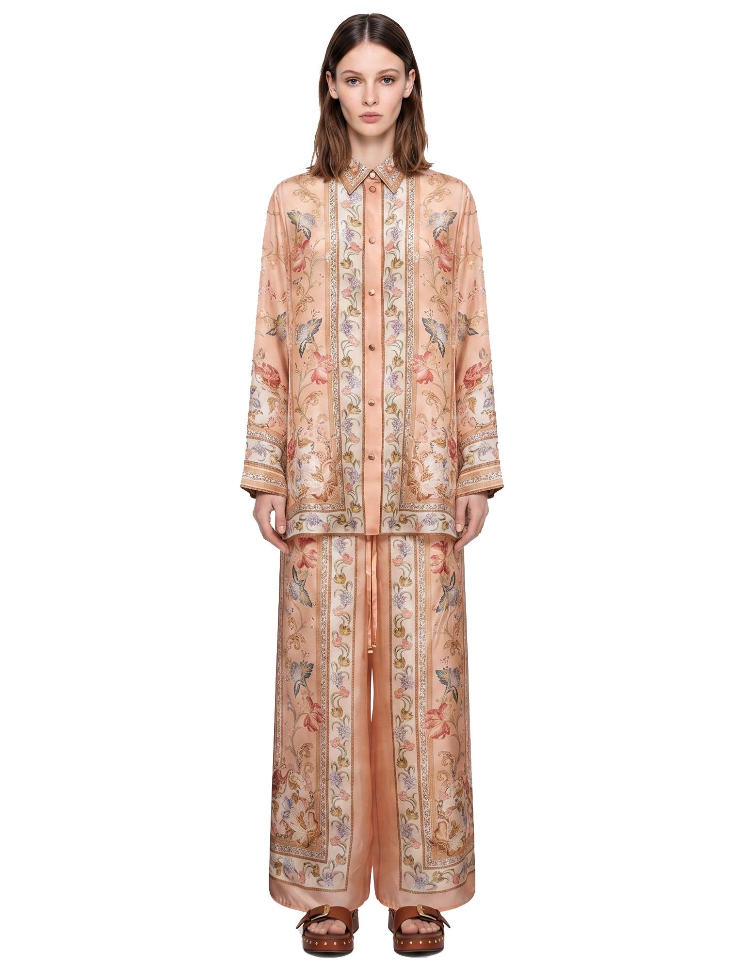 Pantaloni Roselight in seta floreale rosa 