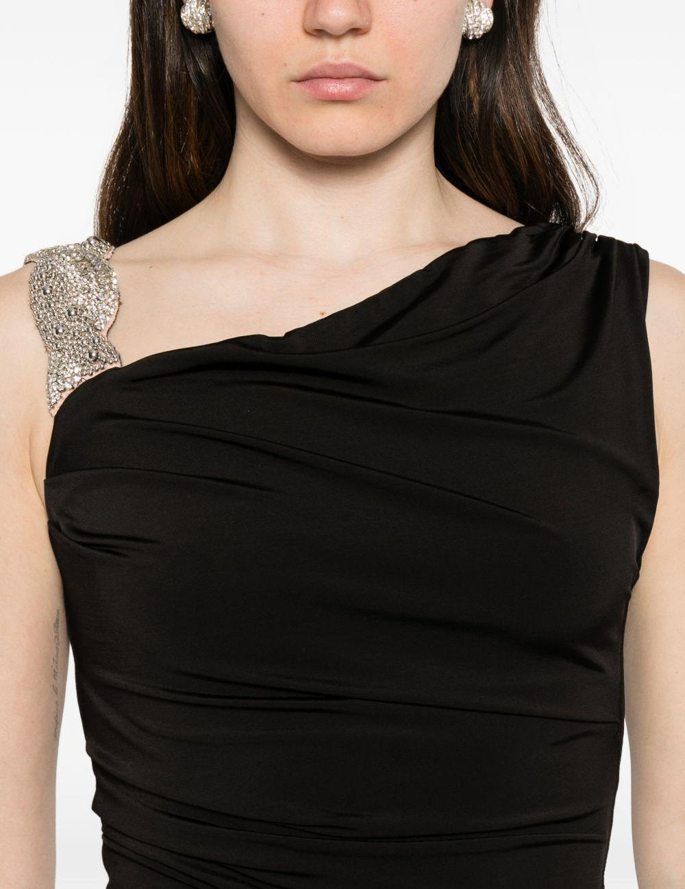 Abito lungo asimmetrico con arricciature e decorazioni di cristalli in nero Amen - donna 