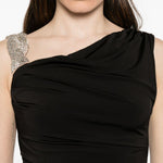 Abito lungo asimmetrico con arricciature e decorazioni di cristalli in nero Amen - donna 