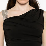 Abito lungo asimmetrico con arricciature e decorazioni di cristalli in nero Amen - donna 