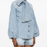 Camicia denim Indra con fiocco in azzurro 