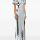Abito lungo Olympia con maniche corte con paillettes in argento Rebecca vallance - donna 