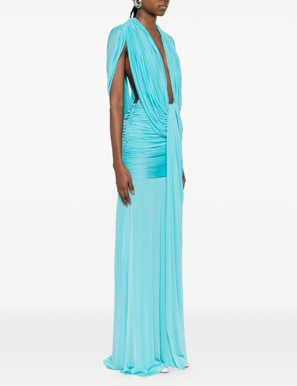 Abito maxi con scollo a v profondo e ruches in blu Christopher esber - donna 